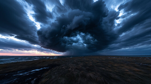 Dramatic Storm Clouds Swirling Over Coastal Landscape at Dusk