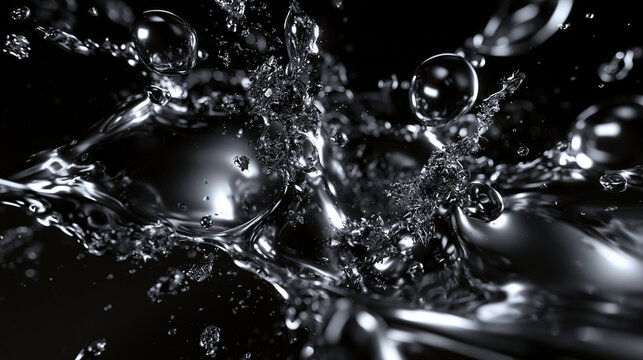 Dynamic Water Splash Droplets on Black Background