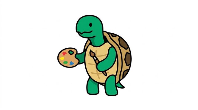 Cute turtle artist character holding a palette and paintbrush