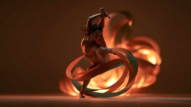 Rhythmic Gymnast Dancing with Flowing Ribbon in Studio