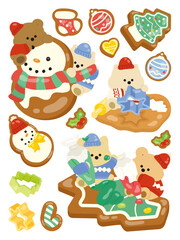 Obraz premium Cute Teddy Bears Making Gingerbread Cookies for Christmas Vector Illustration Set