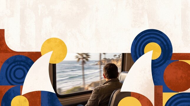 Man Traveling by Train Looking at Ocean View Collage