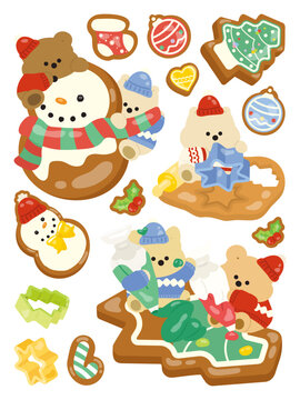 Cute Teddy Bears Making Gingerbread Cookies for Christmas Vector Illustration Set