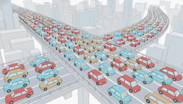 Heavy traffic congestion on a multi-level city highway overpass with many cars moving slowly between tall urban buildings.