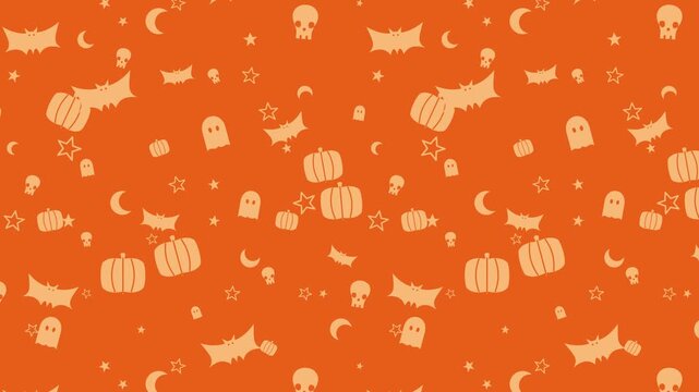 Halloween Seamless Pattern with Pumpkins, Bats, Ghosts, Skulls and Stars on Orange Background