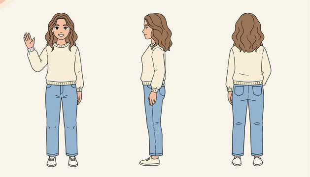 Character sheet illustrating a young woman with wavy hair in a beige sweater and blue jeans posing from the front, side, and back view for design.