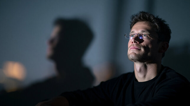 Visionary Tech Developer with Glasses Looking Up Indoors