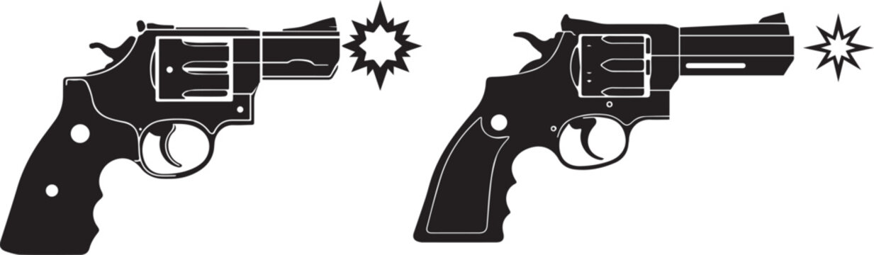 Revolver Handguns with Muzzle Flash Silhouette Vector Set
