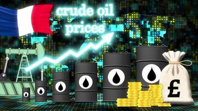 The video illustrates the rising price of crude oil against a backdrop of the French flag and a world map. Barrels, coins, and a rising graph show market data.