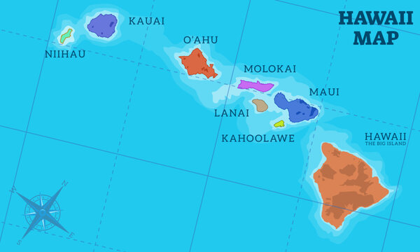 Vector Illustration of Hawaii Islands Map. Colorful Vector Map of Hawaii in United States of America.