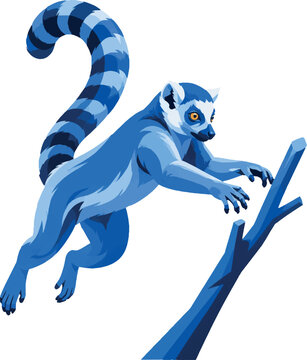lemur leaping onto branch, three-quarter view, full body, tropical animal, decorative vector illustration