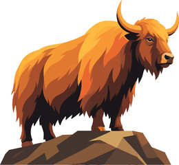 Naklejka premium yak standing on rocky ridge, side profile facing right, full body, highland herbivore, decorative vector illustration