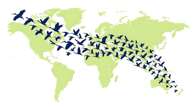 Migrating birds flying over world map, global bird migration concept, flock of birds silhouette across green earth map