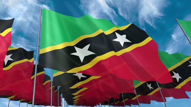 Multiple Saint Kitts and Nevis flags seamless looping waving on blue sky