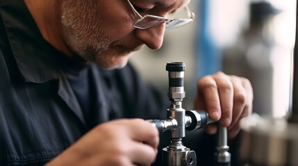 Fototapeta premium A focused technician adjusts a metallic valve component with precision using both hands in a workshop setting