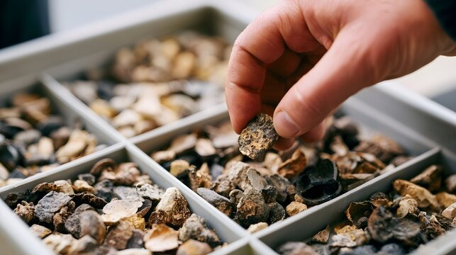 A hand carefully picks up a small  textured stone fragment from a divided tray filled with similar geological specimens