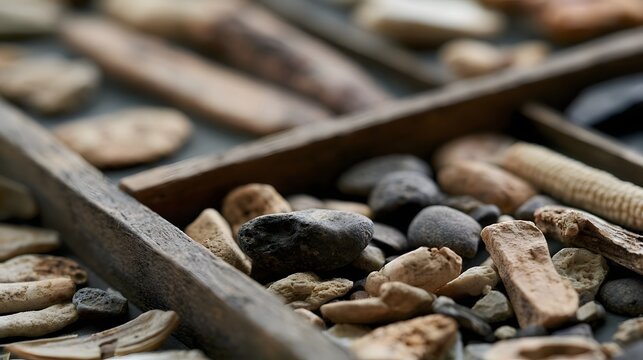 A wooden tray holds assorted stones and bone fragments  with shallow depth of field emphasizing texture and natural earth tones