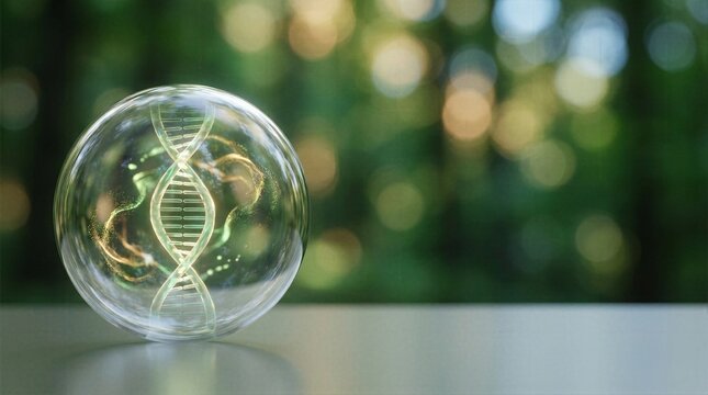 Glowing DNA double helix inside a transparent glass bubble over natural green forest background for genetic research biology and biotechnology themes