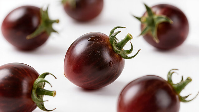 Dark purple cherry tomatoes with water drops on a white background, fresh organic heirloom vegetable and healthy food macro with copy space for text