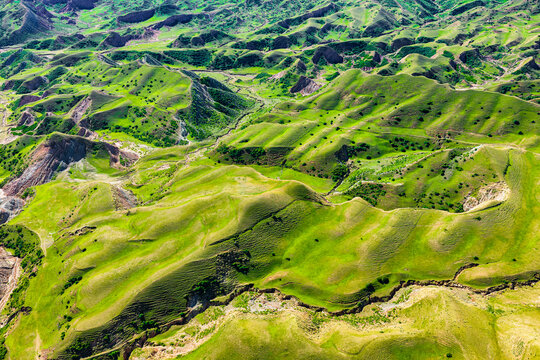 Vibrant green rolling hills and undulating terrain stretch across the landscape in Xinjiang, China.