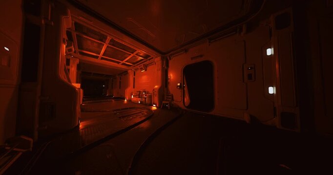 red lit spaceship corridor under emergency alert, glowing panels and shadowed metal walkway, flickering consoles casting deep red reflections, distant siren