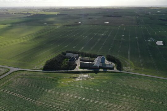 Aerial view of a traditional farmstead surrounded by vast green agricultural fields and meadows under a bright sky in Lemvig, Skanderborg, Denmark.