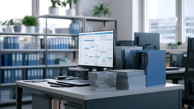 Modern office workspace with computer monitor displaying digital documents  stacks of paper  and blue binders on a clean desk