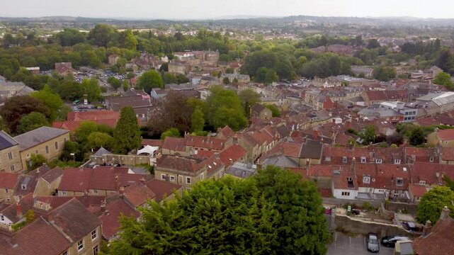 A slow transverse flight over the Somerset town of Frome, right to left