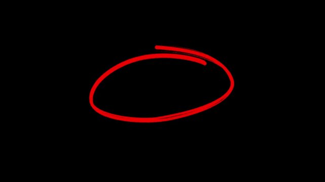 Red pen drawn marks, red circle set Charcoal pen round ovals. Outline red drawing line clipart symbol Png. 4k animated on transparent. any object marking.