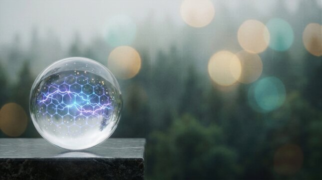 Glowing hexagonal graphene grid with electrical sparks inside crystal sphere on stone in dark forest