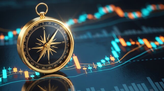 Gold compass resting on a glowing digital stock market chart with financial data with dark reflective surface