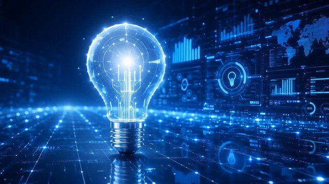 Idea Concept with Bulb Background for Financial Planning Business, Artificial Intelligence, Innovation, Invention, Digital Data Analytics
