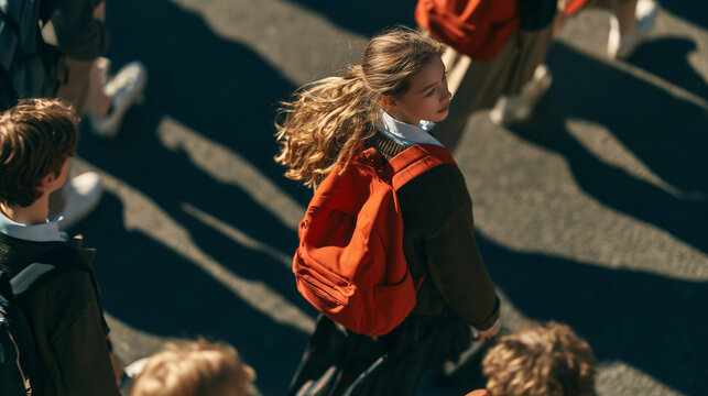 Back to school concept. High-angle overhead tracking view looking down at students with backpacks walking towards the school entrance on Knowledge Day. Commercial education stock a