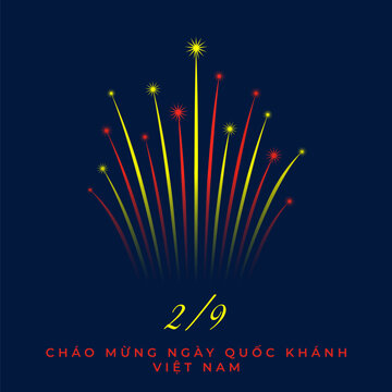 September 2, vietnam independence day, vietnamese fireworks flag on blue night sky background. National holiday. Greeting card. Vector. Translation September 2nd Vietnam Independence Day