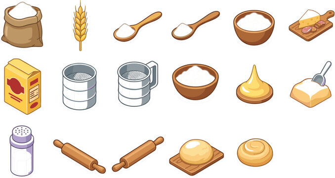 Baking ingredients and kitchen tools vector icon set featuring isometric flour bags rolling pins dough bowls and flour shakers