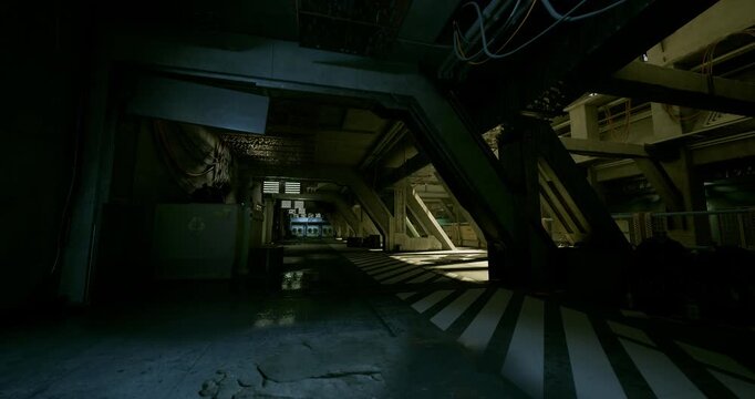 Illuminated industrial passage toward distant daylight, warm rays slicing through vents and railings, bolted panels and worn flooring, subtle dust motes