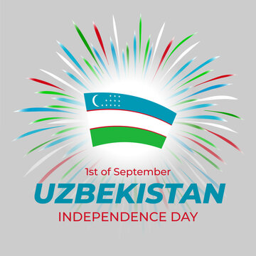 September 1st, uzbekistan independence day, uzbek colorful fireworks, flag on white background. National holiday september 1 uzbekistan independence day. Greeting card. Vector