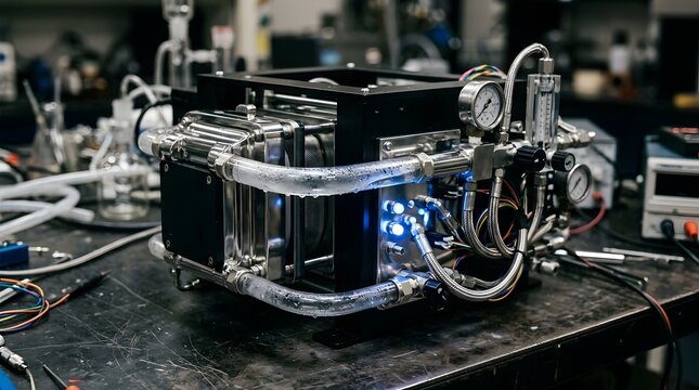 Industrial hydrogen fuel cell stack with complex metal piping and gauges sits on a cluttered workbench inside a modern research laboratory