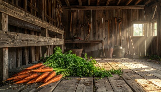 Fresh Carrots in Rustic Wooden Barn Interior.