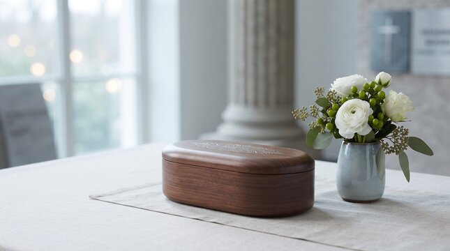 Wooden Memorial Box with White Flowers on Table