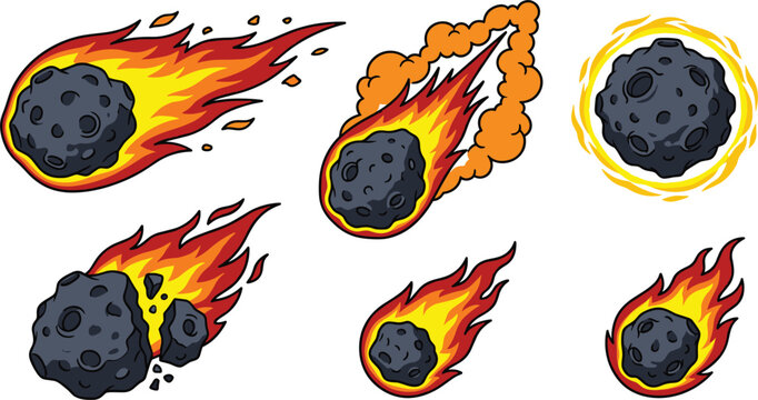 Cartoon Meteor and Comet Vector Set Featuring Burning Asteroids with Fire Flames and Smoke Trails for Gaming, Space Designs, and Sci-Fi Illustrations