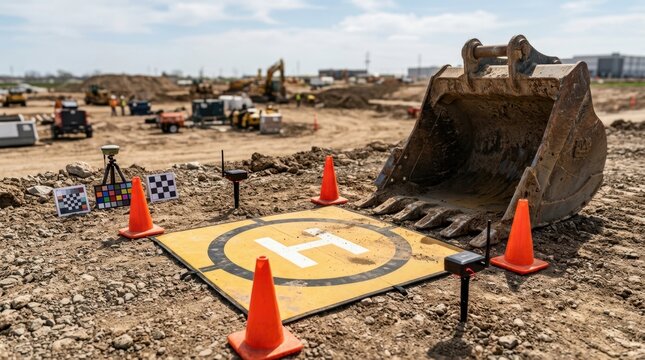 Drone landing pad beside an excavator bucket with geofencing beacons, orange cones, and field calibration markers at a construction site.