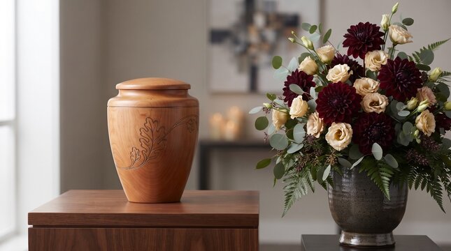 Wooden Cremation Urn with Beautiful Floral Tribute