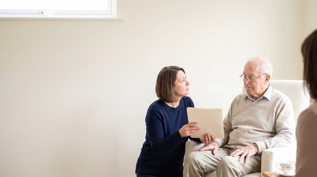 Care insurance advice the moment the adult daughter looks up from the folder toward her father, planning care provision with copy space