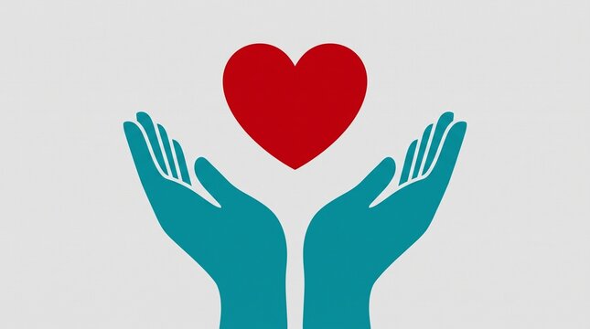 Two teal hands cupping a red heart symbol against a neutral light gray background with stylized teal colored