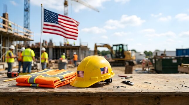 Dedicated american construction professionals are diligently working to erect a brand new building with the american flag waving proudly nearby