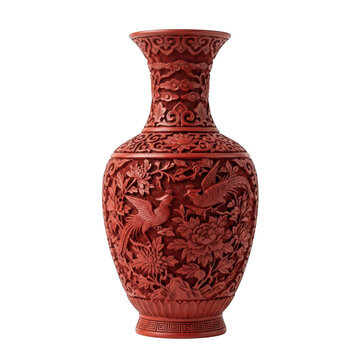 Traditional chinese cinnabar lacquer vase with intricate phoenix and floral carvings isolated on transparent background