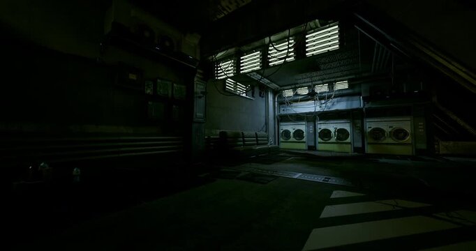 dark generator corridor with cool blue glow and humming transformer presence. electrical technician scenario suggested by tool marks and safety signage, oil