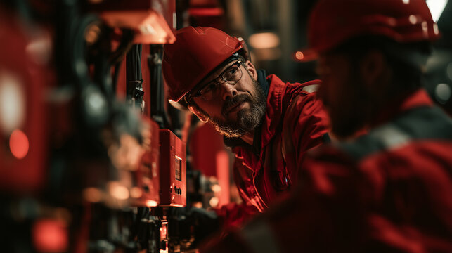 High-angle overhead tracking view looking down at a technician setting up a red fire alarm panel with visible cables and control interfaces. Commercial safety stock asset.