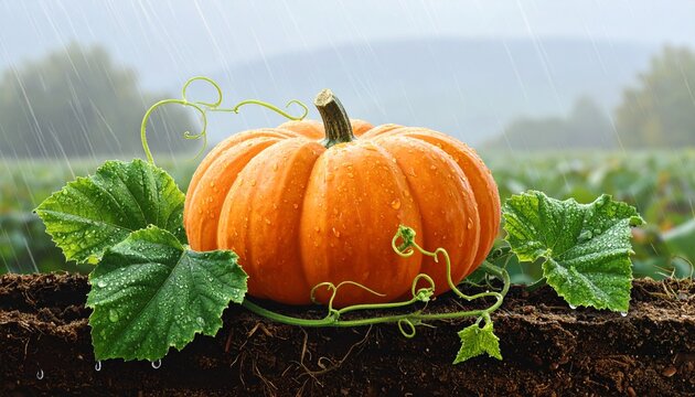 Ripe Orange Pumpkin Growing in Garden Soil with Green Leaves.